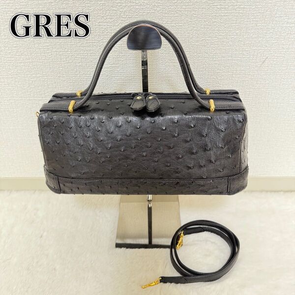 GRES グレ オーストリッチ ハンドバッグ ショルダーバッグ 2way 黒 ゴールド金具 本革
