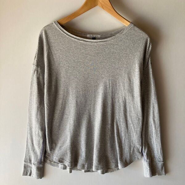 【USED】 INDIVI LIFE オーガニックコットン ラウンドネック ボーダーロングTシャツ 長袖 カットソー グレー 38