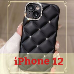 ☆iPhone12キルティングスマホケース ラインストーン☆ 新品ブラック キラキラ 大人かわいい