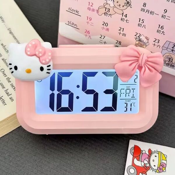 ハローキティ キティちゃん デジタル時計 ピンク リボン かわいい 置き時計 目覚まし時計サンリオ夜光 アラーム 温度表示