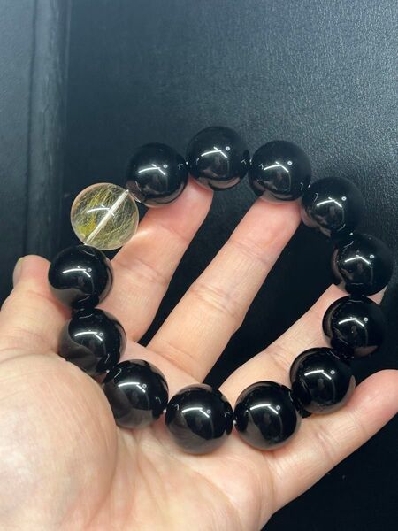 【パンダの工房】天然石パワーストーンルチル+オニキス男性用ブレスレット魔除け