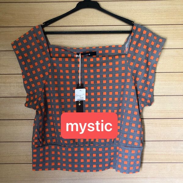 mystic デザインカットソー トップス 未使用 タグ付半袖 ノースリーブ チェック オレンジ グレー オシャレ Tシャツ