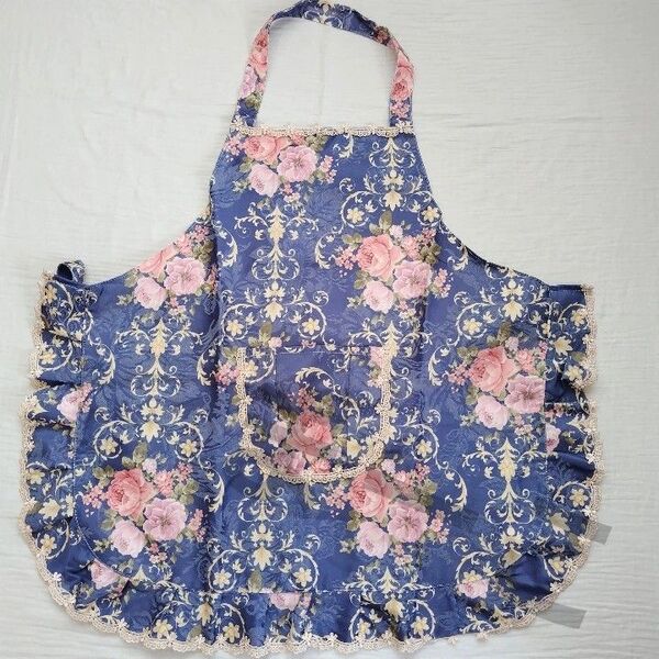 エプロン 保育士 新品 ドレス 花柄 防水 カフェ 可愛い ポケット おしゃれ 大人 北欧 フリル 料理教室 習い事 青色 首掛け
