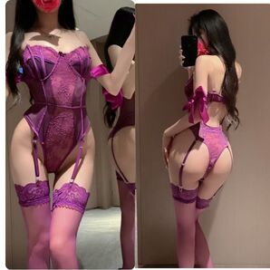 ☆新品【セクシー ボディスーツ】レース 紫ガーターベルト リボン ランジェリー