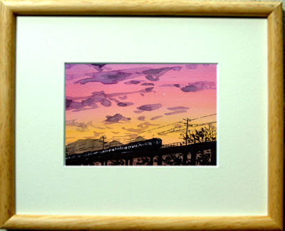 Nr. 6088 Brücke in der Abenddämmerung (Tobu-Tojo-Linie) / Gemalt von Chihiro Tanaka (Aquarell der vier Jahreszeiten) / Wird mit einem Geschenk geliefert, Malerei, Aquarell, Natur, Landschaftsmalerei