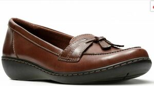 送料無料 Clarks 27.5cm ウエッジ ローファー パンプス ブラウン レザー 革 ソフト インソール フォーマル スリッポン AC59