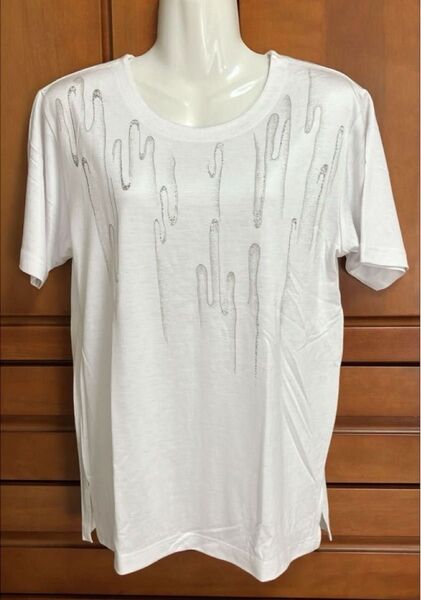 ★ 半袖 カットソー Tシャツ 白 銀色ラメプリント ★