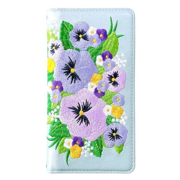 BASIO2 SHV36 専用ケース 手帳型ケース パンジー刺繍 パープルブルー