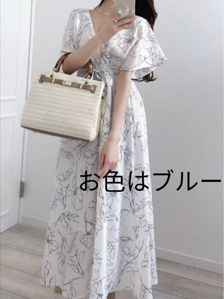 フレアスリーブ花柄カシュクールワンピース