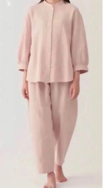 新品 婦人 ふんわりしぼガーゼ スタンドカラー 八分袖パジャマ L ピンク パジャマ 無印良品 オーガニックコットン