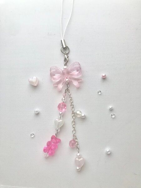 ハンドメイド キーホルダー チャーム ビーズ ストラップ ピンク