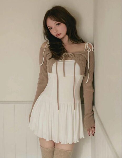 Nei knit set flare dress beige