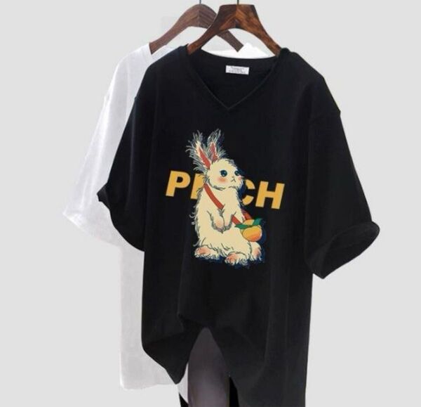 【人気商品】オーバーサイズ ウサギ Tシャツ ビッグシルエット 黒 2XL