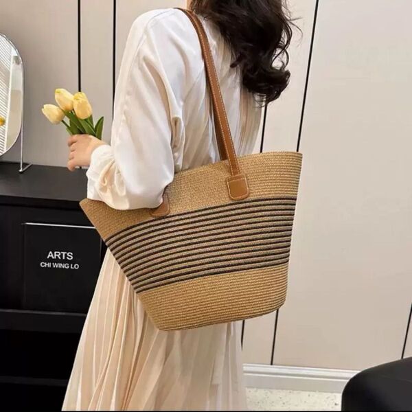 カゴバッグ 可愛い ボーダー トートバッグ ショルダーバッグ 肩掛けバッグ ショルダーバッグ 肩掛け ブラウン系 トートバッグ
