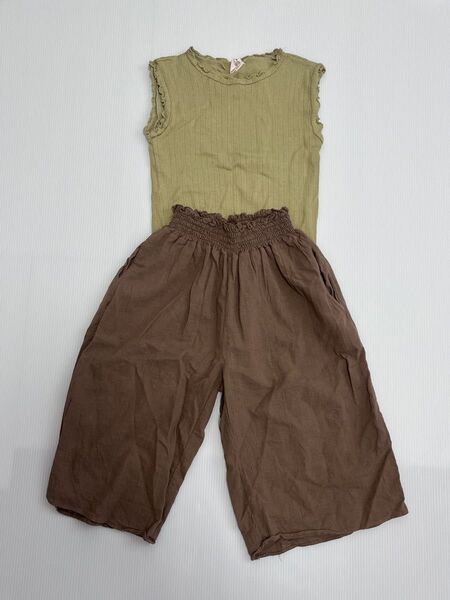 the beige ノースリーブトップス ウエストシャーリングリネンワイドパンツ S 2着セット 韓国子供服 バースデイしまむら