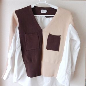 Vネックニット バイカラー レディースニット ドッキングシャツ フリーサイズ