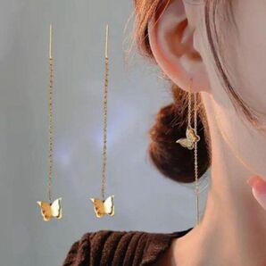 サージカルステンレス バタフライ 蝶 ロング ピアス ゴールド チェーン 可愛い