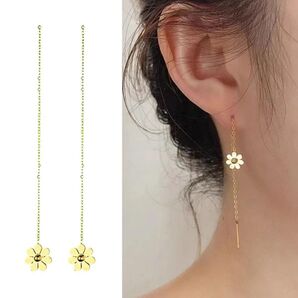 サージカルステンレス フラワー 花 ロング チェーン ピアス ゴールド