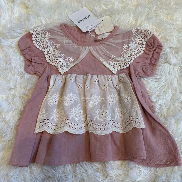 ☆新品タグ付き☆ Lucy mimi ルーシーミミ エプロン付き レース襟 トップス 80 保育園着 お出かけ着 女の子 半袖