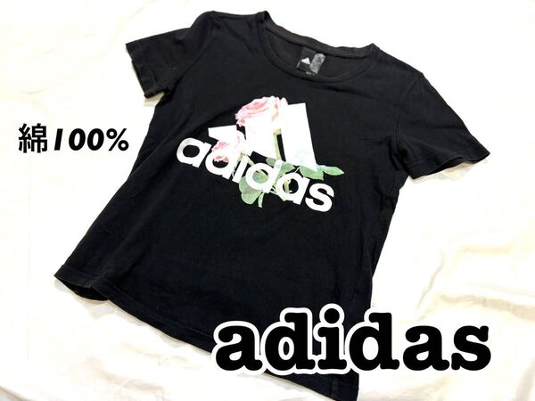 アディダス Tシャツ 半袖 Mサイズ ブラック綿100% ロゴ入り 黒 バラプリント 薔薇 プリント Tシャツ トップス
