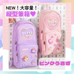 筆箱 ふでばこ ペンケース 縦型 ピンクうさぎ 3Dパッチ 大容量 3層 女の子 小学生 高学年 中学生 女子高生 防水 ポーチ