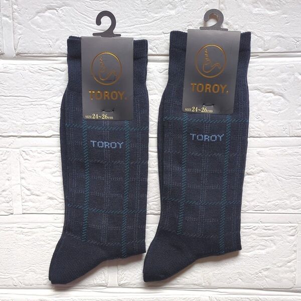 【新品】タグつき TOROY トロイ ビジネスソックス 2P ネイビー 24-26㎝ 福助 メンズ チェック柄