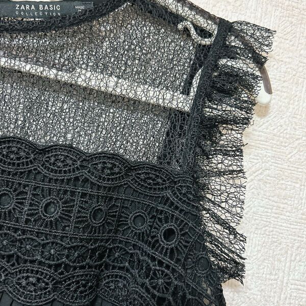 ZARA トップス 黒 ノースリーブ カットソー ノースリーブカットソー ブラック タンクトップ シフォン 透け感あり 涼しい 夏