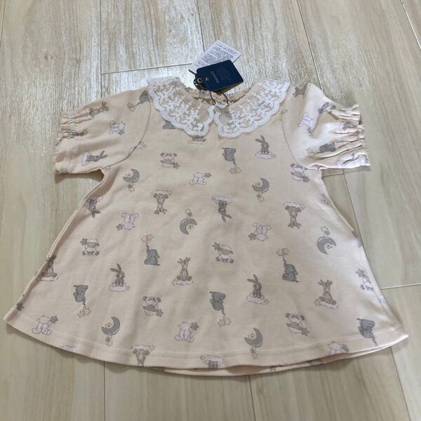 タグ付き未使用 コトリ 動物柄 襟レース カットソー 90 半袖Tシャツ