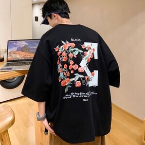 メンズ Tシャツ ブラック オーバーサイズ 花柄プリント バックプリント