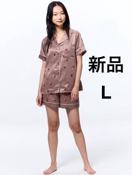 新品 GU サテンパジャマ 半袖&ショートパンツ レッサーパンダ ブラウン L