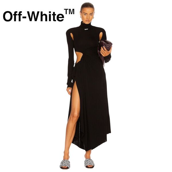 OFF-WHITE / ブラック ビスコース マキシドレス Stamp Ruched Layered Maxi Dress 40