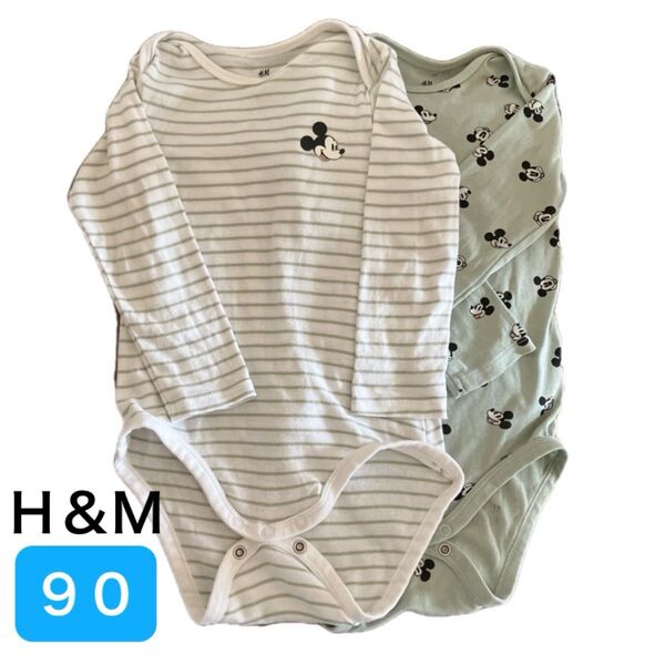 H&M 長袖ボディスーツ ディズニー ミッキー 90サイズ 2枚セット(緑・白ボーダー)