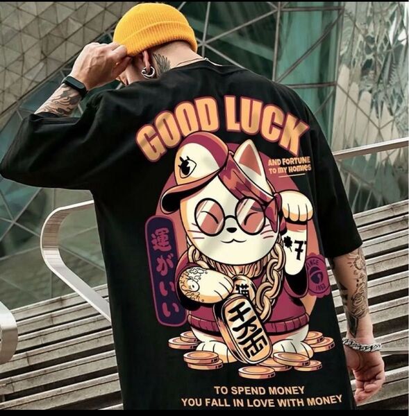 運がいい 黒 半袖 Tシャツ 大きいサイズ オーバー バンド ゆるダボ ブラック Tシャツ 半袖 ヴィンテージ 黒