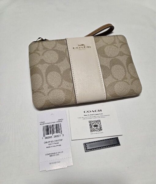 ★新品★ COACH コーチ ジップ リストレット レディース ポーチ シグネチャー 本革 キャンバス ストライプ