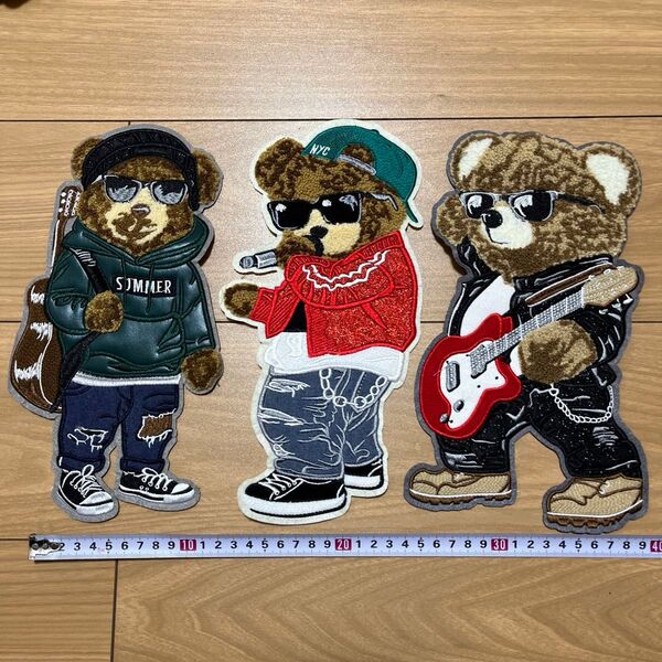 BIG ワッペン くま 3枚セット バンド ギター ボーカル アップリケ 刺繍 可愛い パッチ アイロンワッペン 刺繍ワッペン