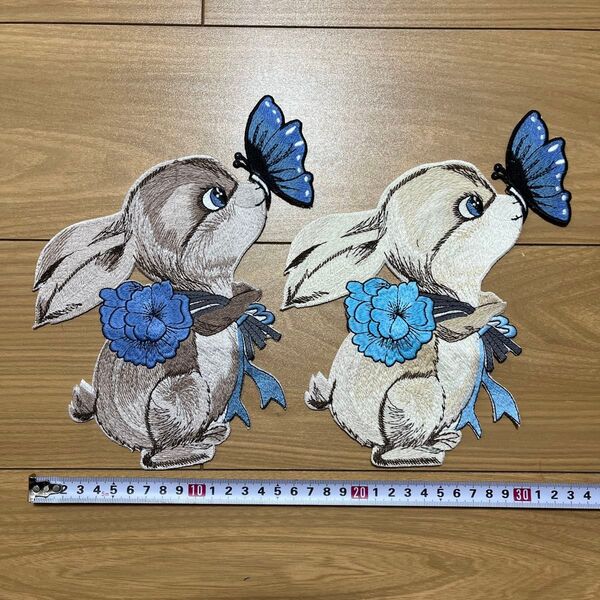ワッペン 刺繍 動物 2枚セット うさぎ アニマル BIG ビッグ ラビット Rabbit アップリケ 可愛い 豪華刺繍