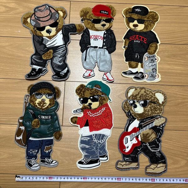 BIG ワッペン くま 6枚セット バンド ギター ボーカル アップリケ 刺繍 可愛い マイケルジャクソン スケボー