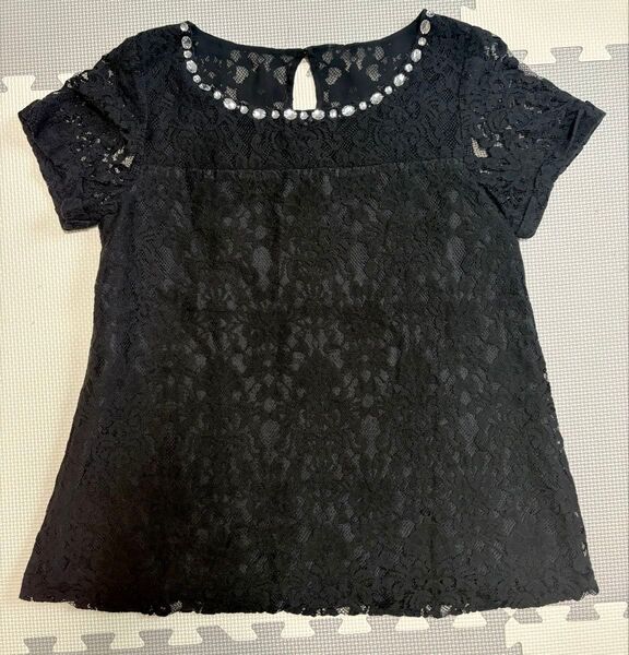 半袖 カットソー 黒 レース ビジュー付 ファビュラス fabulous