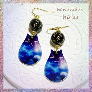 ハンドメイド 高品質アセテートプレート居眠り癒し宇宙にゃんこピアス アレルギー対応ニッケルフリーフック No.231A