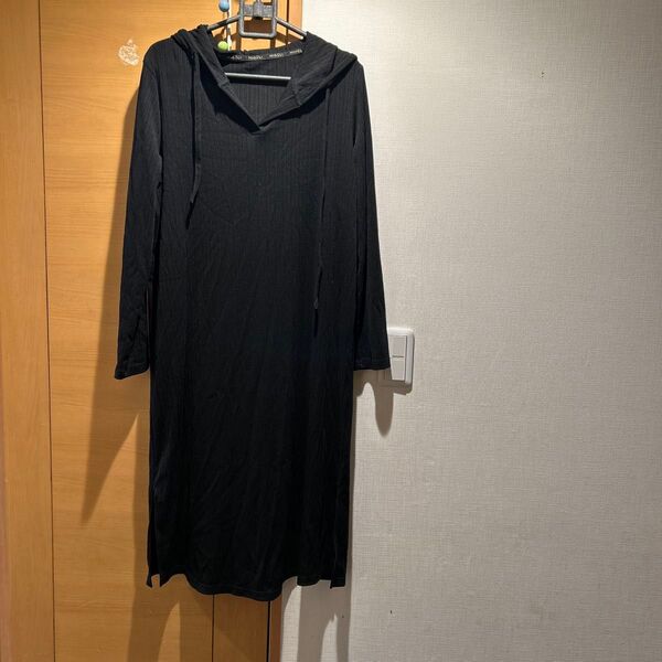 MIDOLI フード付きブラックロングワンピース L 長袖シャツワンピース チュニック