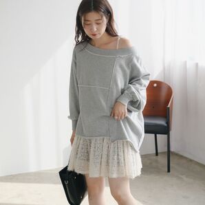 Kastane パッチワークオフショルスウェット グレー