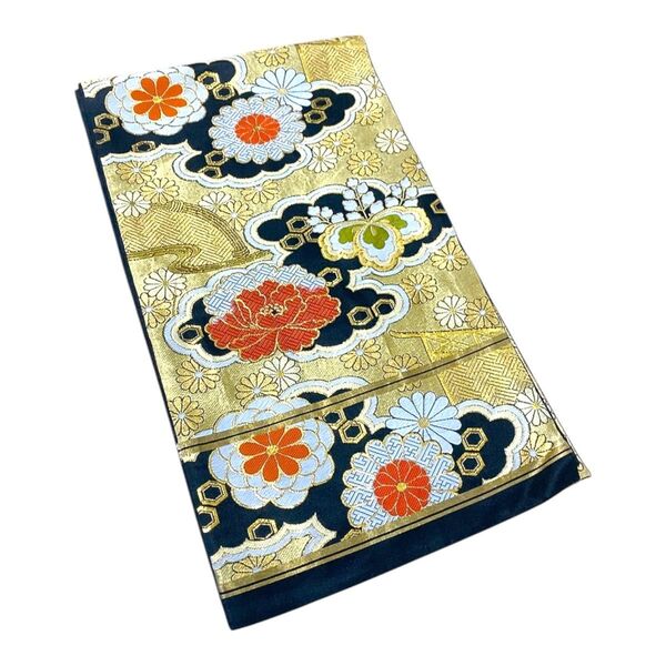 【美品】着物 帯 花 金 振袖 成人式 西陣織 唐織 正絹 金糸 結婚式 袋帯 金銀糸