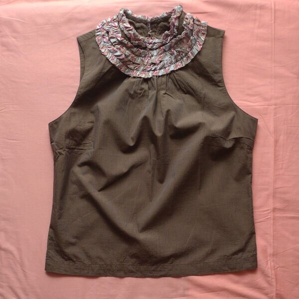 PS.PaulSmithWomen/ポールスミスウーマン ブラウス ノースリーブ フリル チェック 茶 綿 ONWARD樫山製