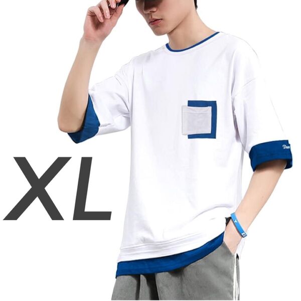 tシャツ メンズ カットソー 半袖 フェイクレイヤード 重ね着風 プリントTシャツ XL