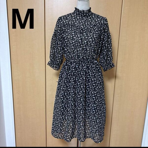M シフォン フラワー6部袖 ワンピ