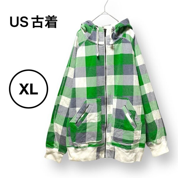 US古着 ブロックチェック ジップパーカー フーディー スウェット パーカー グリーン XL 大きめサイズ