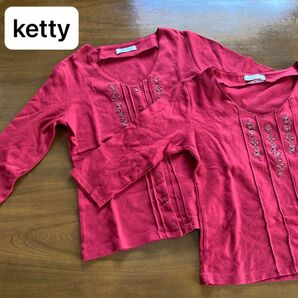 ketty ケティ 花刺繍アンサンブル M 赤 カットソー 長袖+七分袖 綿100% 替えボタン