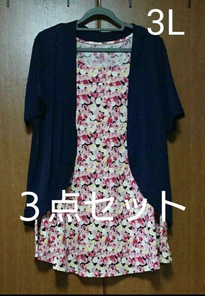 クーポンお使い下さい♪ 早い者勝ち!!【3L】 着回し3点セット! 軽い♪着心地抜群♪ 楽チンチュニック2枚&サラサラ半袖カーデ♪