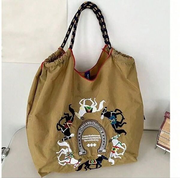 馬柄 乗馬 刺繍 トートバッグ エコバッグ ベージュ 母の日