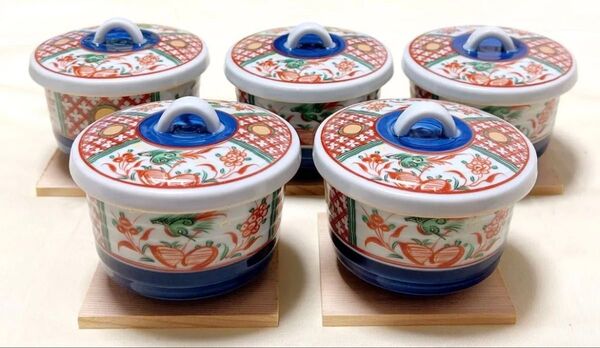 和食器 陶彩 幸泉 間取赤絵花鳥柄 敷板付き 茶碗蒸し器揃 蓋付煮物椀5客